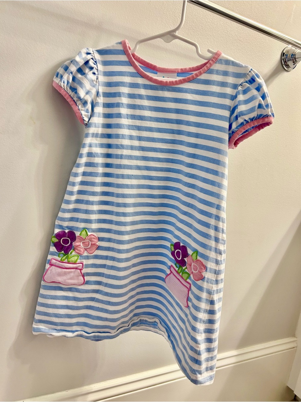 Girls' Blue & White Striped Dress with Pink Trim and Floral Appliqués